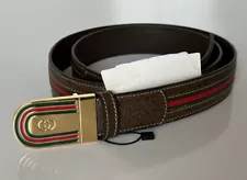 Gucci Web Mens Plaque Buckle Leather Belt Brown/Green/Red 100/40 715601 NWT $505