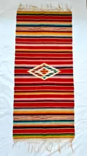 Vintage Saltillo Serape Hand Woven Wool Mexican Blanket Red Colorful Small 22x46