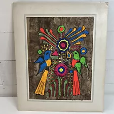 Amate Bark Mexican Folk Art Fluorescent Black Light Paint Flower Peacock 11x14