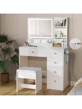 Vanity Desk With Mirror And Lights Makeup Table Set With Charging Station