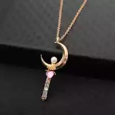 SAILOR MOON NECKLACE Gold & Pink Gem Moon Stick (Wand) Pendant Anime Gift!