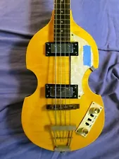 Violin-style electric bass, tiger maple, handmade w/ case