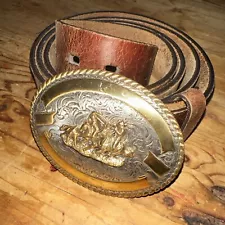 Crumrine Bull Riding Belt Buckle Leather Belt Vintage Western Cowboy