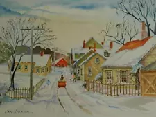 Vintage Watercolor Winter Landscape "Out For A Sleigh Ride" by Carl Liebich