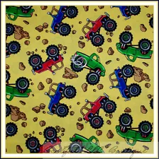 BonEful Fabric Cotton Quilt Yellow Blue Boy Baby Monster Truck Jeep Tire L SCRAP