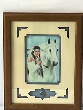 Vintage Maija Signed Painting Print Framed, Indian Woman with Horse 11”x14”