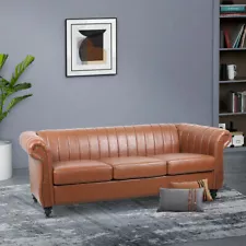 84'' Vintage PU Leather Rivet Rolled Arm Chesterfield Sofa Living Room Furniture