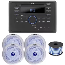 Pyle PLRVSD300 1-Din Receiver + Remote, 4x 8" 300W LED Speakers (White) + Wire