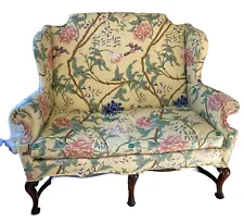 Antique Yellow Floral Queen Anne Mahogany Sofa Couch Settee Loveseat