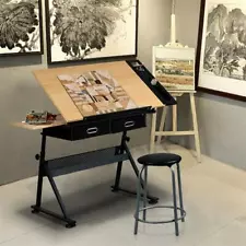 Adjustable Drafting Table Art Craft Writing Desk Drawing Tiltable with Stool