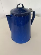 Vtg Enamel Ware Speckled Lg Blue Cowboy Coffee Pot/Kettle Camping Unused 9” Tall