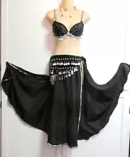 Belly Dance 3 pc Black Costume - Skirt, Silver Coin Hip Wrap, Beaded Bra 34C