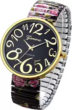 JewelryWe Women's Big Dial Easy Reader Watch Floral Elastic Stretch Band for