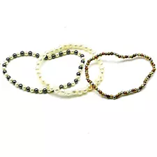 Beaded Stretch Bracelets Lot of 3 Simulated Pearl Seed Bead Metallic Classic