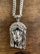 miami cuban silver necklace with jesus piece