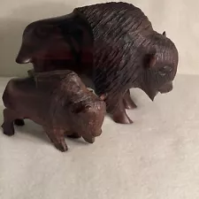 Vintage Hand Carved Desert Ironwood Adult Bison And Baby Bison Figurines Solid W