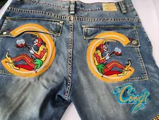 Coogi Jester 69 Joker King Jeans Mens 42 x 35 Dark Blue Embroidered Hip Hop VTG