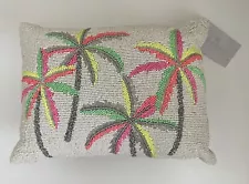 ARTISTIC ACCENTS Luxury Silver Coral Teal Beaded Palm Tree Throw Pillow NWT!