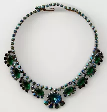 VTG JULIANA? Peacock Blue Green Iridescent Colored Rhinestone Necklace AB 15 In.