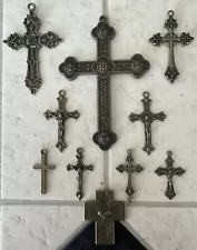 Lot of 10 Antique Brown Metal Crosses / Crucifixes - Pendants ~Religious-Charms