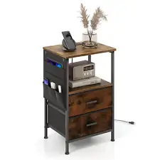 Nightstand with Charging Station Industrial Bedside Table with 2 Drawers