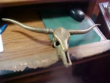 VINTAGE BRASS TEXAS LONGHORN STEER SKULL HEAD & HORNS 15 in. Horn to Horn hanger