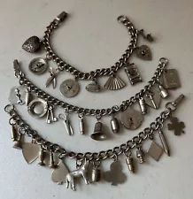 Vintage 1940s Costume CHARM BRACELET LOT - 3 Pieces - Silver Tone - Some Move!