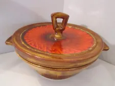 CALIF USA 850 MCM Pottery Baking Serving Bowl Dish w Lid Orange Brown Vintage