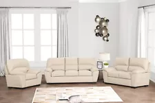 NEW Beige 3PC Sofa Loveseat Chair Leather Gel Cream Modern Living Room Couch Set