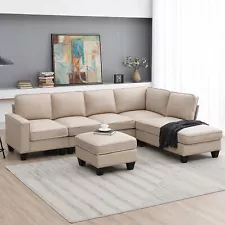 Modern L-shaped 7-seat Linen Couch Set w/Chaise Lounge and Convertible Ottoman