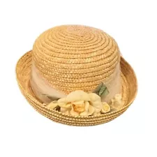 Liz Claiborne Flip Brim Bucket Style Straw Hat Tan Florals BOHO Cottagecore MOM