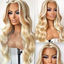 Honey Blonde Highlight Bleach Blonde Wig Long Body Wave Synthetic Lace Front