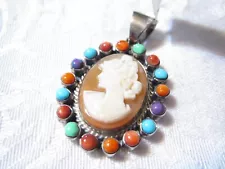 NEW WITH TAGS! STERLING SILVER CARVED SHELL CAMEO WITH GEMSTONE BORDER PENDANT