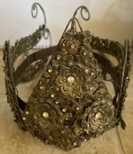 VINTAGE CROWN TIARA METAL BRASS PASTE RHINESTONES RARE ANTIQUE ESTATE COSTUME