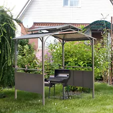 8'x5' BBQ Grill Gazebo with 2 Side Shelves, Outdoor Double Tiered Roof, Brown