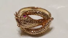 HEAVY 9ct YELLOW SOLID GOLD PIT VIPER SNAKE RING with RUBIES for Eyes.Size N1/2