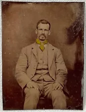 ANTIQUE TINTYPE PHOTO SEATED GENTLEMAN GOLD NECKERCHIEF TINTED MOUSTACHE MAN