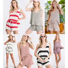 SALE- Women's Open Knit Lounge Set Sleeveless Top + Bottom Stripes Solids Vacay