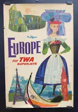 Lot Of 5 ORIGINAL Vintage Airline Posters: TWA Europe Spain Germany London Rome