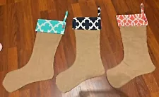 lot of 2 burlap Christmas stockings with greek trellis pattern new!