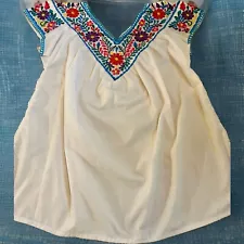 Embroidered Mexican Peasant Blouse White 100% Cotton Size L Flower Embroidery