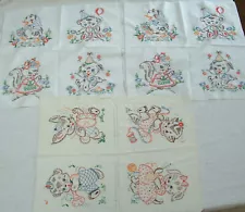 12 Vintage Hand Embroidered Whimsical Baby Animals Child's Kiddie Quilt Blocks