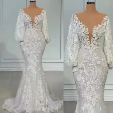 Elegant Plus Size Mermaid Wedding Dresses Appliques Long Sleeves Bridal Gowns