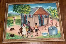 Original Tropical Haitian Village Landscape Oil Painting Black Folk Art Etienne