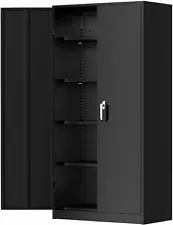 Metal Cabinet, 72” Black Tool Steel Locking Cabinet with Doors and 4 Shelves