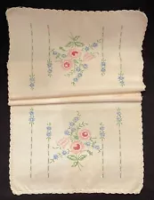 VTG EMBROIDERED DRESSER SCARF/TABLE RUNNER-Pink,Blue, Green Flowers-Shabby Chic