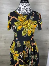LULAROE Round Neck Stretch Yellow Floral Pleated Fit & Flare Dress Womens Medium