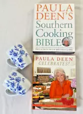 Paula Deen Set~2 Cookbooks(Celebrates/Southern Cooking Bible)+2 Blue White Mugs