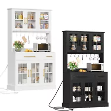 71'' Kitchen Pantry Cabinet Tall Hutch Cabinet with Power Outlet Buffet Cupboard