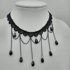 Black Lace Choker Necklace Glass Beaded Drapes Gothic Victorian Steampunk UK